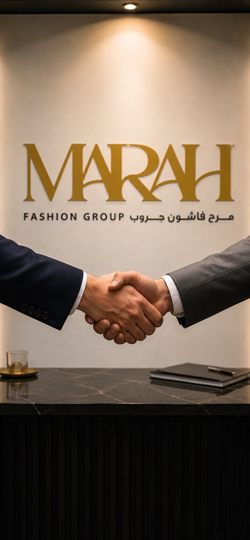 A handshake beneath the Marah Fashion Group signage at the company's reception in New Cairo, Egypt