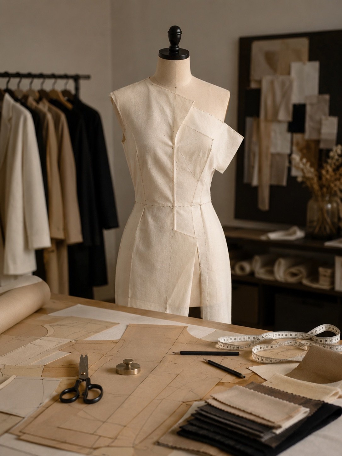 A calico toile draped on a dress form beside a cutting table of paper patterns, shears, tape measures and fabric swatches at Marah Fashion Group