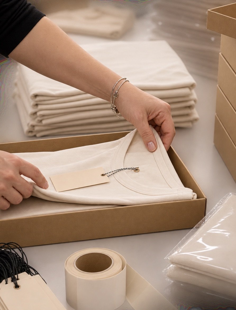 A folded cream garment being tagged and boxed beside stacks of finished pieces, hangtags and packaging at Marah Fashion Group