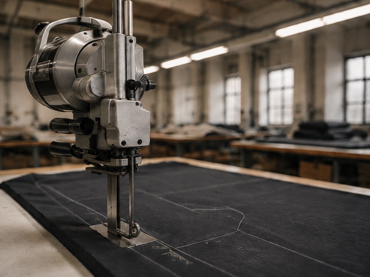 A straight-knife cutting machine working through a lay of dark fabric in the cutting room at Marah Fashion Group