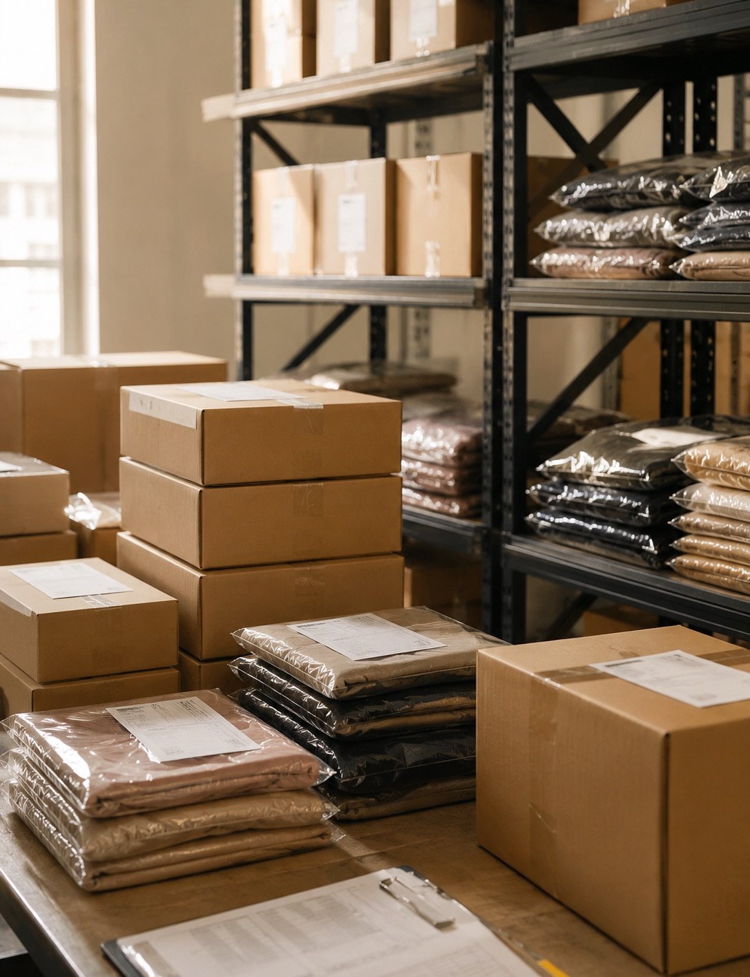 Boxed and polybagged orders on the dispatch bench in front of stocked warehouse shelving at Marah Fashion Group